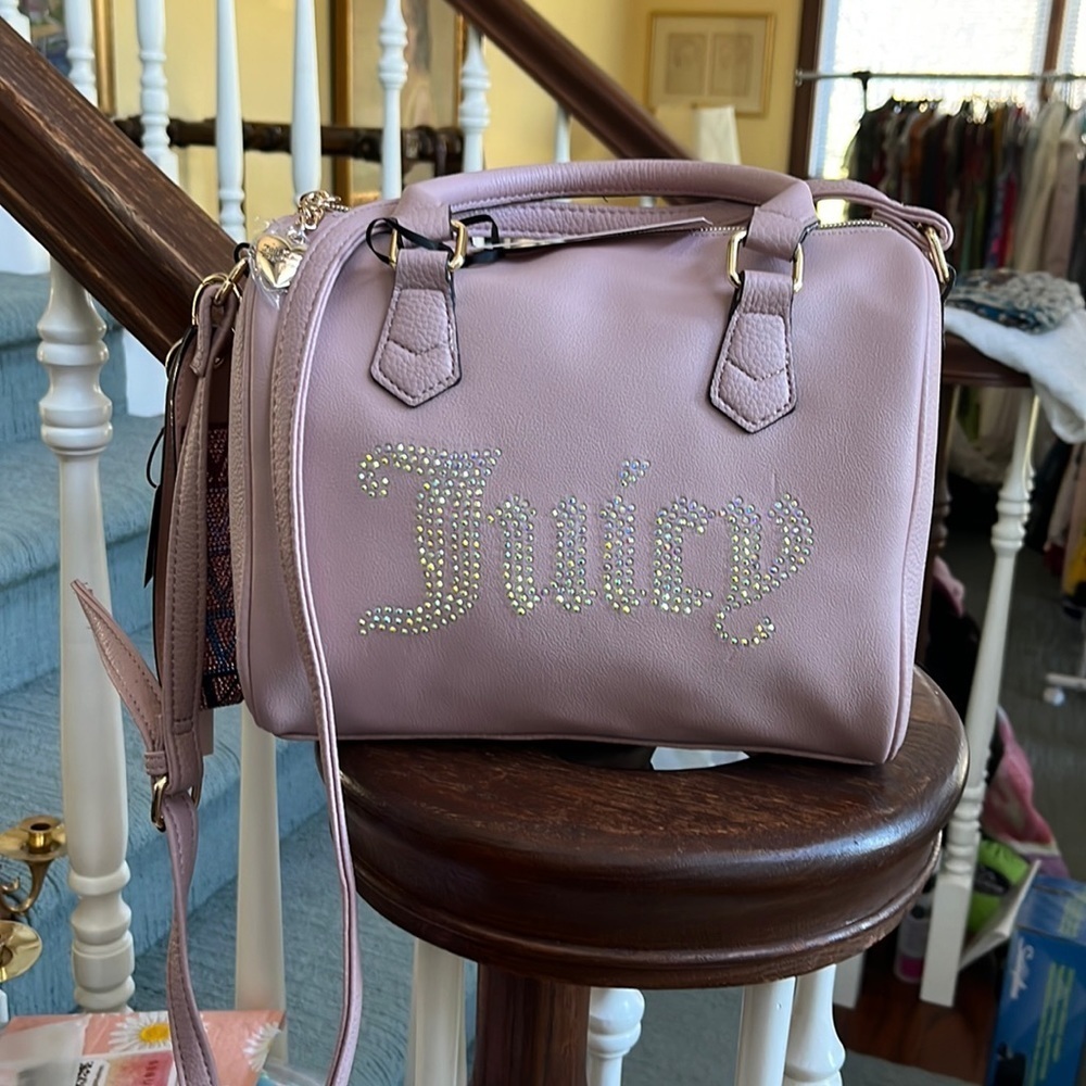 Juicy couture crossbody bag Satchel Vegan leather pink/rhinestone logo NWT - Picture 3 of 12